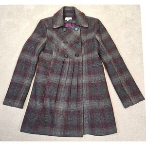 Ann Taylor LOFT Plaid Wool Blend Double‎ Breasted Fit Flare Coat Tailored Size 2